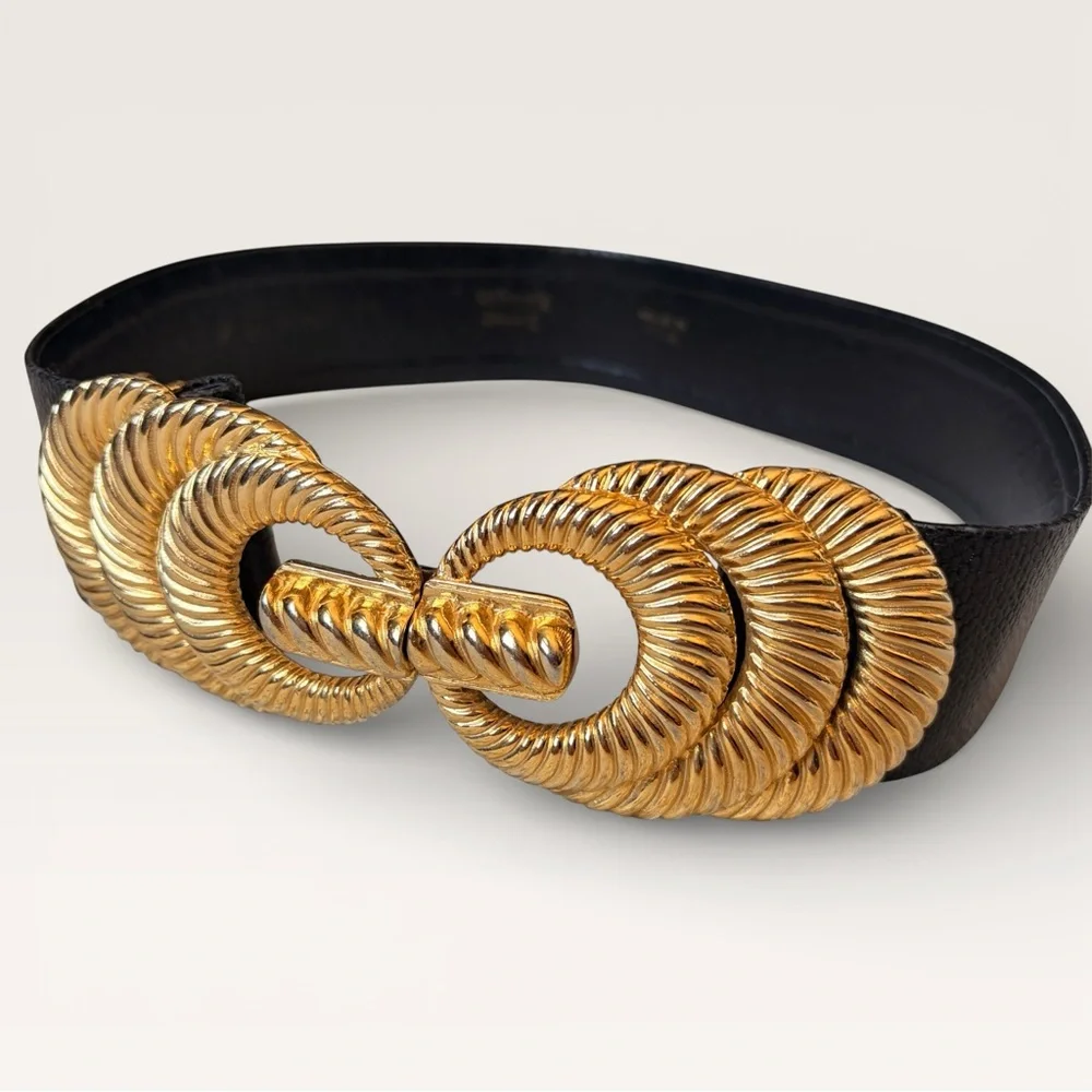 Vintage 90s Accessocraft Gold Belt Buckle w/ Black Snakeskin Leather Belt 29” - Picture 1 of 12